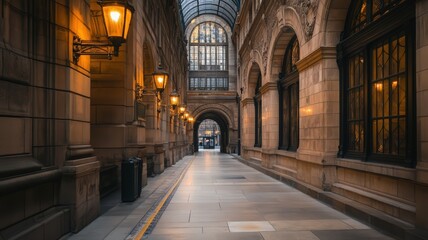 Fototapeta premium Warm-Lit Stone Alleyway with Arched Entrances at Dusk