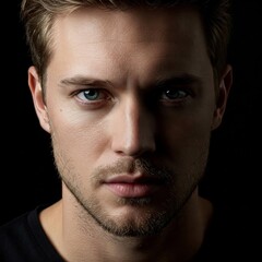 Obraz premium Man - male beauty portrait on black background. Young Caucasian man staring serious close up