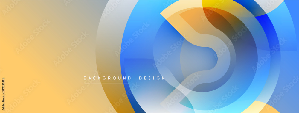 Poster abstract design features overlapping circles, gradients. colors include blue, yellow, beige. modern 