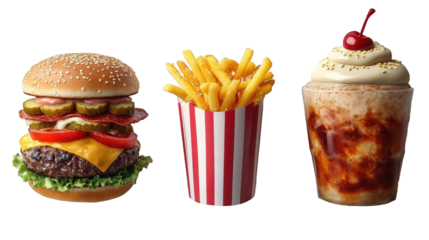 A delicious trio of fast food featuring a cheeseburger, crispy fries, and a dessert shake with cherry
