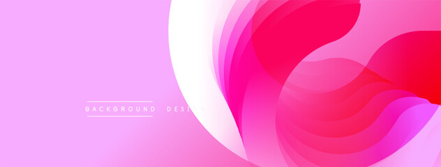 Abstract pink design features overlapping curved shapes. Gradient shades create dynamic visual effect. Minimalist style suitable for backgrounds, presentations.