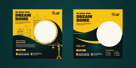 set of editable social media post, banner, promotional ad templates for Construction renovation Handyman home repair web banner and social media square flyer or poster design