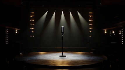 A vintage microphone stands on a stage illuminated by spotlights in a dark performance venue