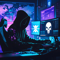 Step into a high-tech hacker workspace designed for cinematic projects, digital content creation, and futuristic design needs. This realistic hacker scene features a dark and moody environment,