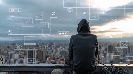 Fototapeta premium Remote Worker on Rooftop Overlooking Cityscape at Dusk