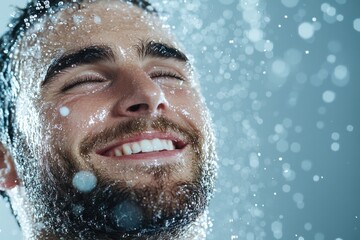 Smiling man enjoying cool water spray against his face in slow motion moment of joy showing freshness and satisfaction in sunny scene with facial expression closeup