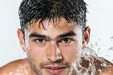 Wet man emerging from water with intense facial expression and dripping hair captured in close focus with detailed droplets and sharp shadows for dramatic portraiture
