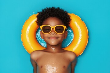 Stylish boy wearing round sunglasses and yellow float standing in front of blue wall exuding confidence and joy in high contrast lifestyle portrait stock image