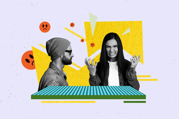 Creative pop poster sketch art collage of two girl guy receive sad emoji pressure cyberbully reaction social media hate problem