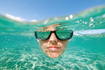 Underwater view of swimmer wearing sunglasses emerging from teal water with intense expression and high clarity shot emphasizing bold aquatic theme and confidence