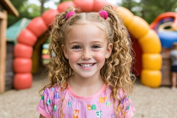 Smiling little girl with curly blonde hair in front of colorful play tunnel in bright daylight setting expressing pure joy and playful personality in vibrant lifestyle portrait