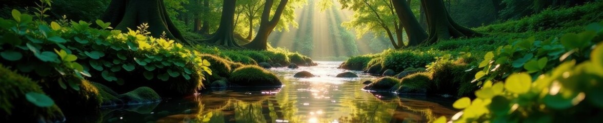 Naklejka premium Serene stream, sunlight dappling leaves, lush forest , serene, forest, day
