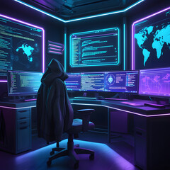 Step into a high-tech hacker workspace designed for cinematic projects, digital content creation, and futuristic design needs. This realistic hacker scene features a dark and moody environment,
