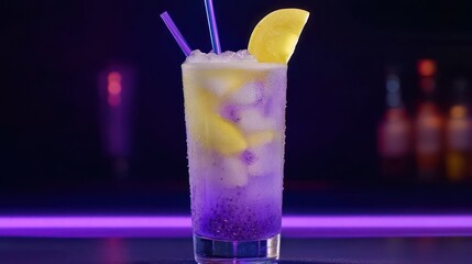 Vibrant layered drink on bar, neon lights