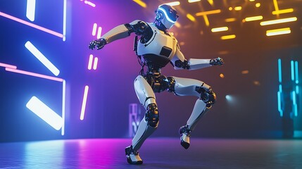 Futuristic humanoid robot dancing in a vibrant, illuminated environment with colorful lights streaming from the ceiling