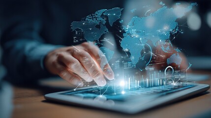 Entrepreneur Using Holographic Tablet with Global Data Visualization