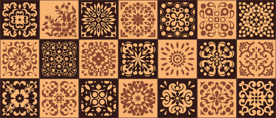 Mediterranean ceramic tiles seamless pattern. Azulejo arabesque. Portuguese, Spanish, Turkish, Indian, Islamic, Arabic decor. Geometrical and floral traditional national ornament. Vector illustration.