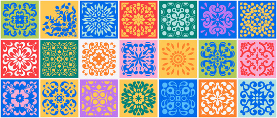 Mediterranean ceramic tiles seamless pattern. Azulejo arabesque. Portuguese, Spanish, Turkish, Indian, Islamic, Arabic decor. Geometrical and floral traditional national ornament. Vector illustration.