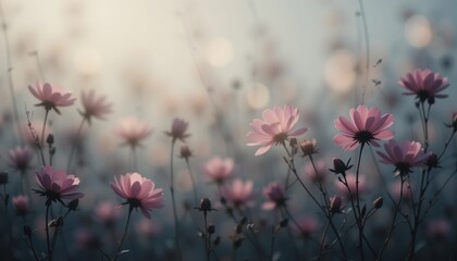 Captivating blooming flowers in a sunlit field nature photography dreamy atmosphere soft focus serenity and growth