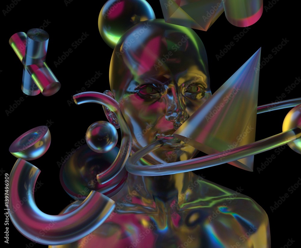Aufkleber dreamwave style 3d illustration features a translucent human head surrounded by colorful geometric s