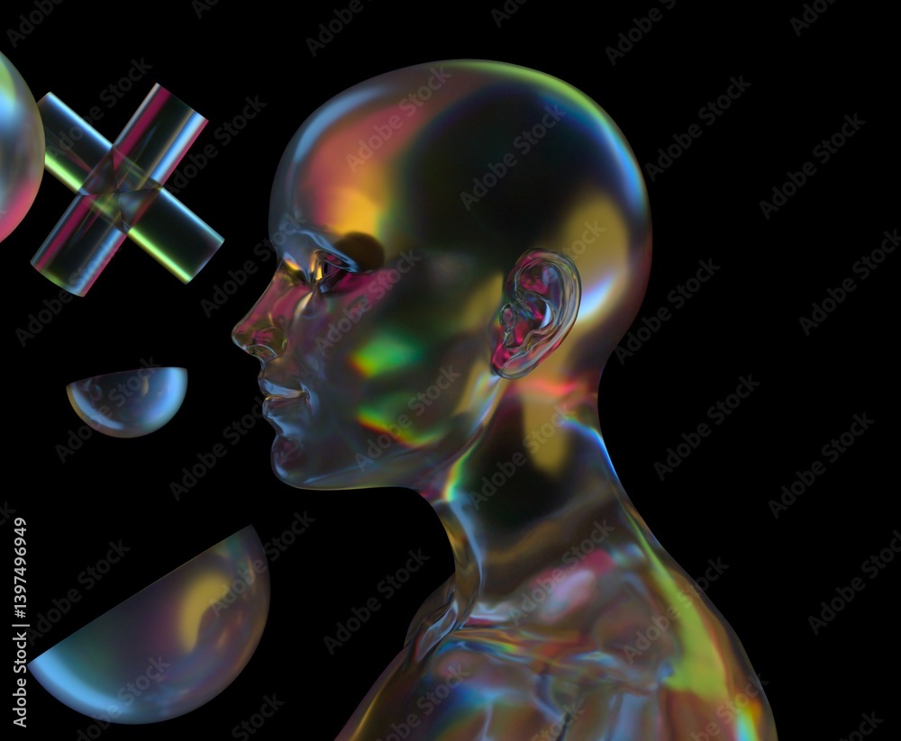 Aufkleber dreamwave style 3d illustration features a translucent human head surrounded by colorful geometric s