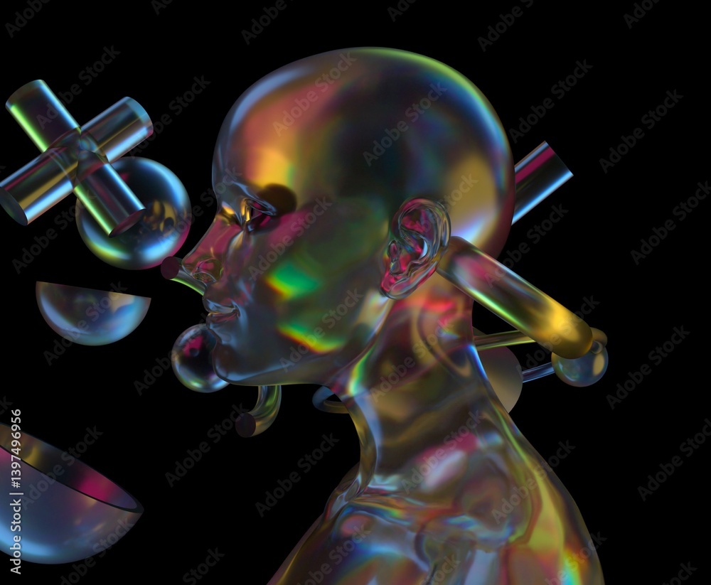 Aufkleber dreamwave style 3d illustration features a translucent human head surrounded by colorful geometric s