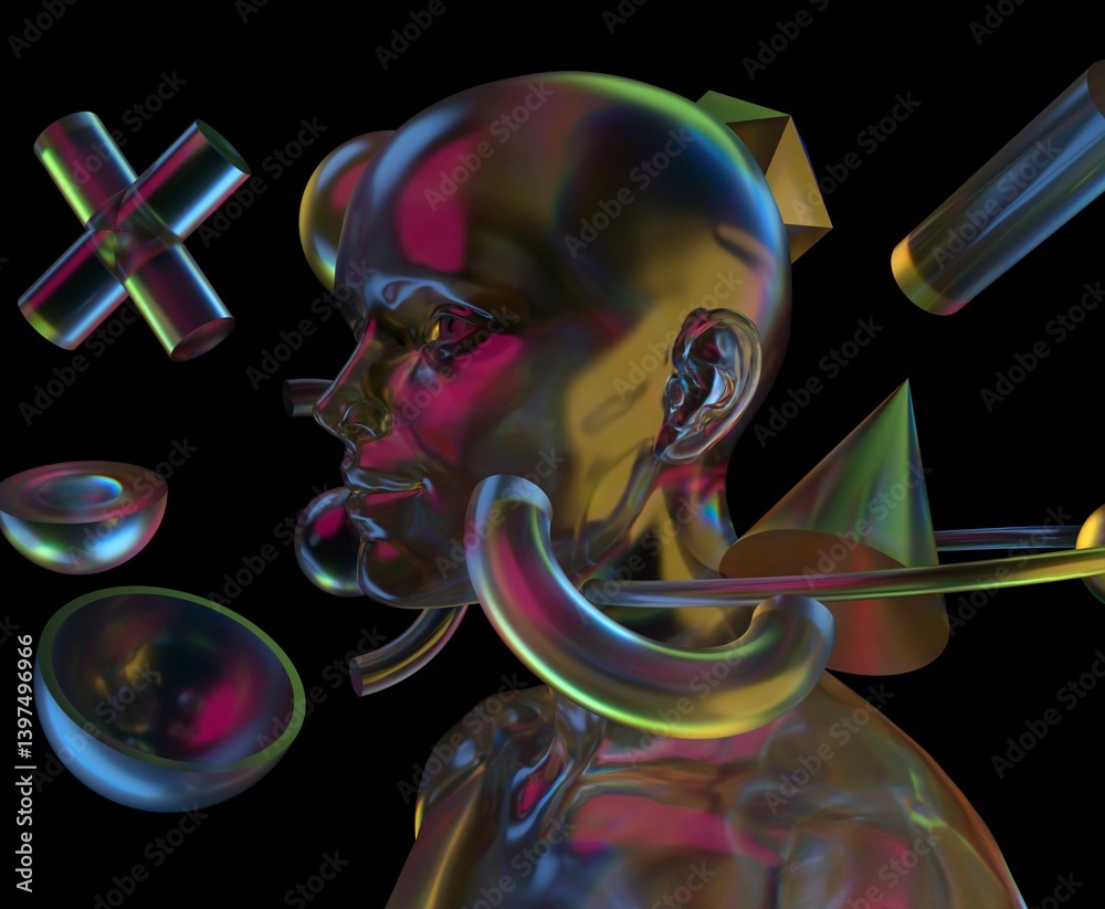 Aufkleber Dreamwave style 3D illustration features a translucent human head surrounded by colorful geometric shapes, reflecting captivating light and creating surreal, futuristic ambiance on a dark background.