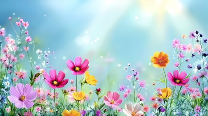 Colorful flower meadow with sunbeams and blue sky and bokeh lights in summer - nature background banner with copy space - summer greeting card wildflowers spring concept