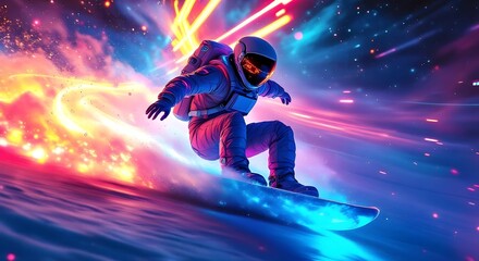 Astronaut Snowboarding Through a Colorful Interstellar Landscape