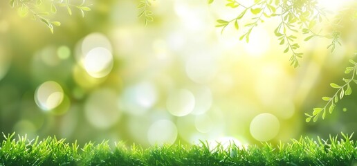 Fototapeta premium Beautiful blurred background of natural green grass and sunny light bokeh, banner with copy space