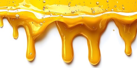 Beautiful golden dripping liquid flowing downward on white background surface