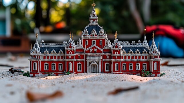 Miniature Palace on Sandy Beach: A Detailed Perler Bead Castle Model
