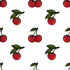 A seamless vector pattern featuring illustrated cherries with green leaves on a white background. The cherries are bright red, round, and glossy, creating a cheerful and vibrant design.