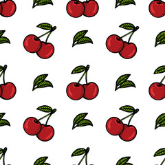 A seamless vector pattern featuring red cherries with green leaves on a white background. The cherries are depicted in various orientations, creating a playful and vibrant design.