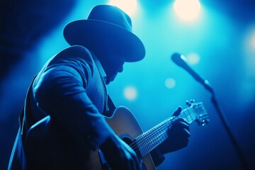 Obraz premium Guitarist wearing hat and suit playing acoustic guitar on stage during a blues music festival under blue lights