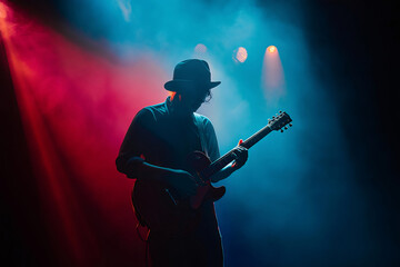 Silhouette of musician playing electric guitar on stage with colorful lights and smoke during blues music festival