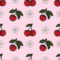 A repeating vector pattern featuring cherries with green leaves on a pink background, interspersed with simple flower outlines.