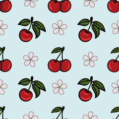 A seamless vector pattern featuring bright red cherries with green leaves on a light blue background, interspersed with simple flower shapes.
