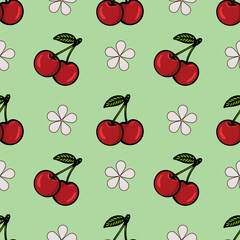 A repeating vector pattern featuring red cherries and pink flowers on a light green background. The cherries are illustrated with green leaves, creating a vibrant and playful design.