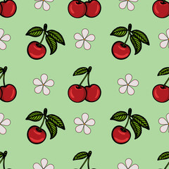 A seamless vector pattern featuring cherries with green leaves on a light green background, interspersed with pink flowers. The design is playful and vibrant, suitable for textiles or wallpapers.