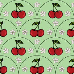 A seamless vector pattern featuring red cherries with green leaves on a light green background, interspersed with small pink flowers.