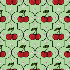 A repeating vector pattern featuring red cherries with green leaves on a light green background, interspersed with small white flowers.