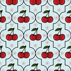 A seamless vector pattern featuring red cherries with green leaves on a light blue background, interspersed with small pink flowers.