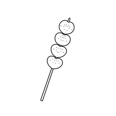 A stick with four apples hanging from it