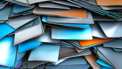 Scrap pile of used offset printing plates, thin aluminum sheets. Ideal for illustrating printing industry waste, recycling processes, or industrial materials