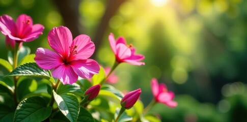 Obraz premium Vibrant pink flowers, lush garden setting, sunlight dappled, outdoor, pink blooms
