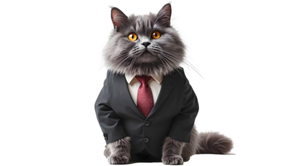 Cat dressed in formal suit isolated on a transparent background showcasing a playful business theme