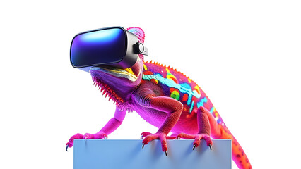Naklejka premium Colorful lizard wearing virtual reality headset isolated on a transparent background