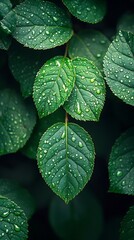 Fototapeta premium Fresh Green Leaves Phone Wallpaper Raindrops on Lush Leaves | HD Mobile Background with Dark Blurred Backdrop