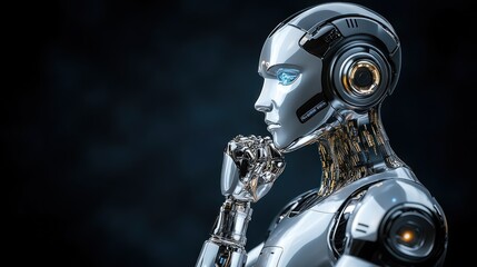 Futuristic robot head thinking in dark background